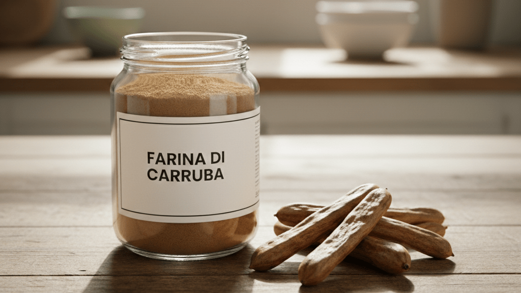 Carruba in polvere e baccelli con proprietà naturali per alimentazione