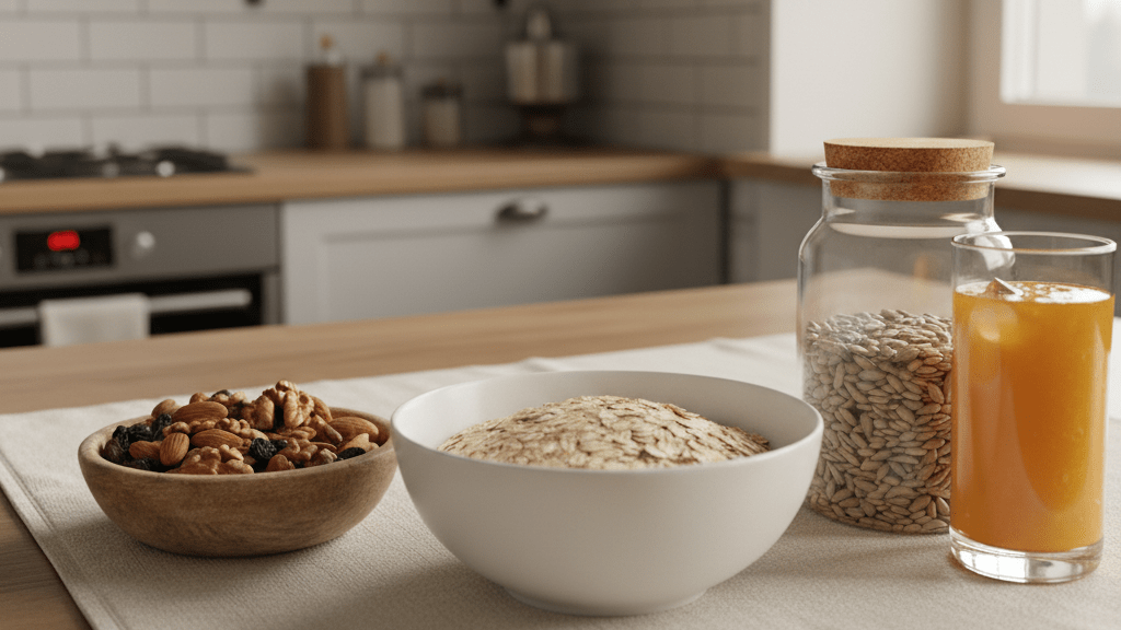 Ingredienti per colazione sana con avena, frutta secca e semi.