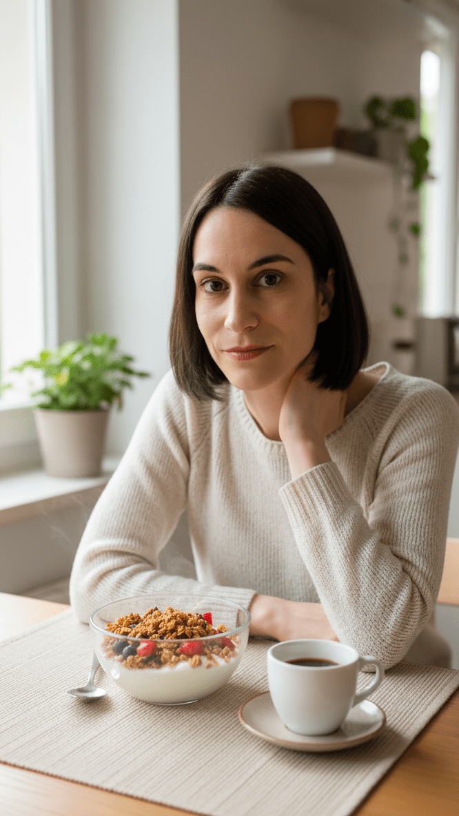 Persona che fa colazione sana con yogurt e granola sul tavolo