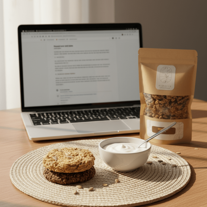 Snack naturali su scrivania accanto a laptop per mantenere energia stabile durante la giornata. 