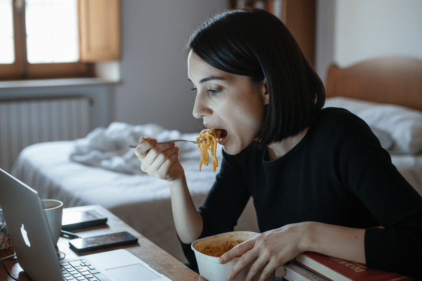 Persona che mangia velocemente causando digestione difficoltosa