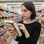 Persona che legge un'etichetta alimentare al supermercato
