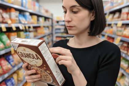 Persona che legge un'etichetta alimentare al supermercato