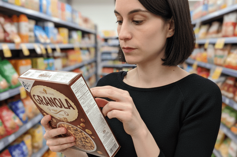 Persona che legge un'etichetta alimentare al supermercato