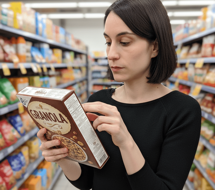 Persona che legge un'etichetta alimentare al supermercato
