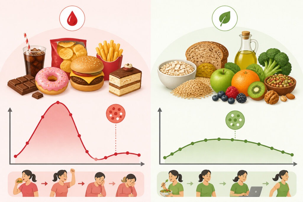Confronto tra risposta glicemica di cibi ultraprocessati e alimenti naturali