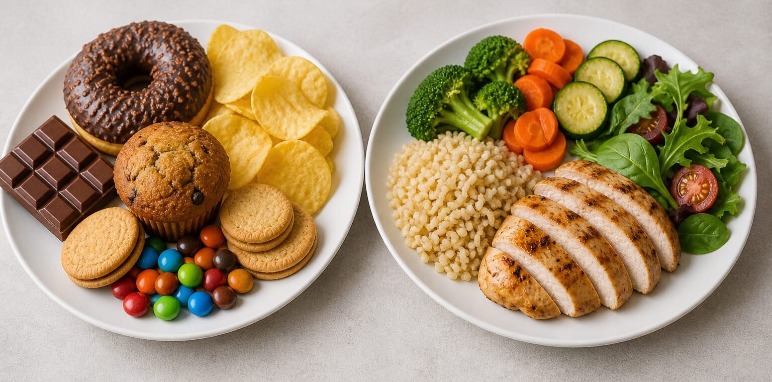 Confronto tra alimenti ultra-processati e alimenti naturali con stesso apporto calorico.