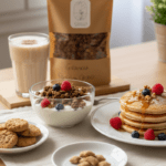 Colazione sana ed equilibrata con yogurt greco, granola croccante, pancake, shake e snack Fidelis su tavolo in stile moderno.