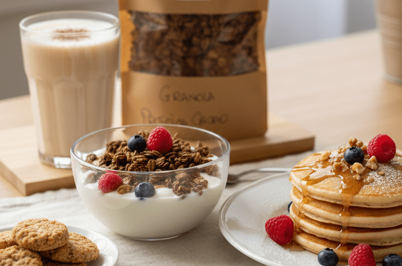 Colazione sana ed equilibrata con yogurt greco, granola croccante, pancake, shake e snack Fidelis su tavolo in stile moderno.