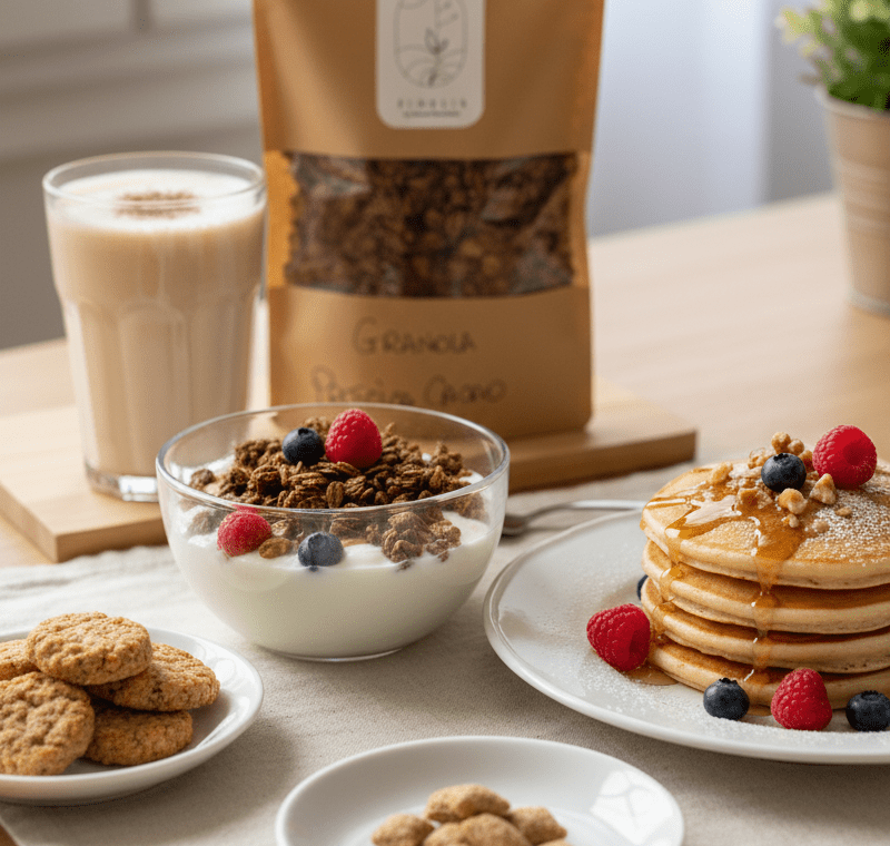 Colazione sana ed equilibrata con yogurt greco, granola croccante, pancake, shake e snack Fidelis su tavolo in stile moderno.