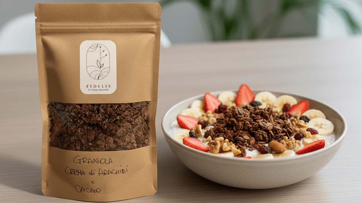 Yogurt greco con granola Fidelis, frutta fresca e frutta secca serviti in una bowl per una colazione sana e saziante.