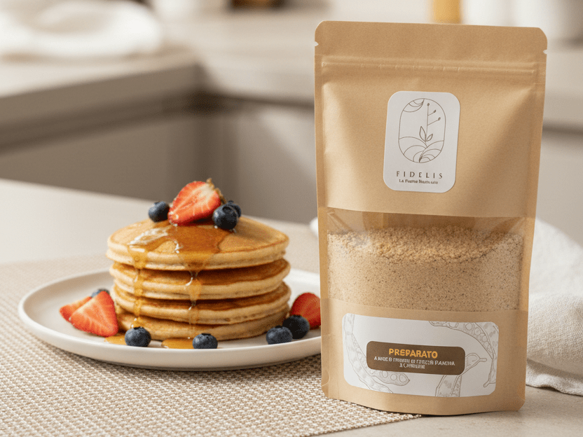 Pancakes soffici preparati con preparati Fidelis serviti con topping di sciroppo d'acero e frutta.