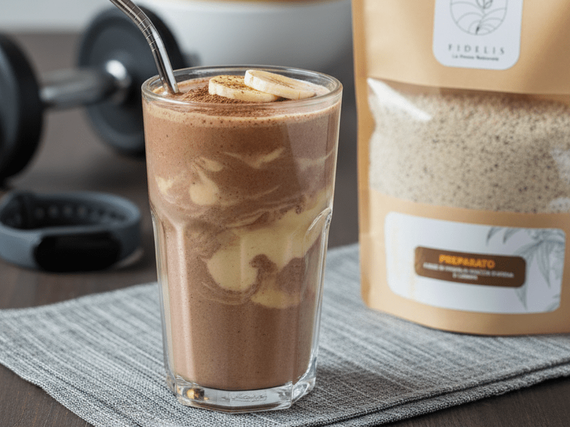Shake cremoso con banana e cacao preparato con prodotti Fidelis, ideale come colazione veloce, pre o post allenamento.