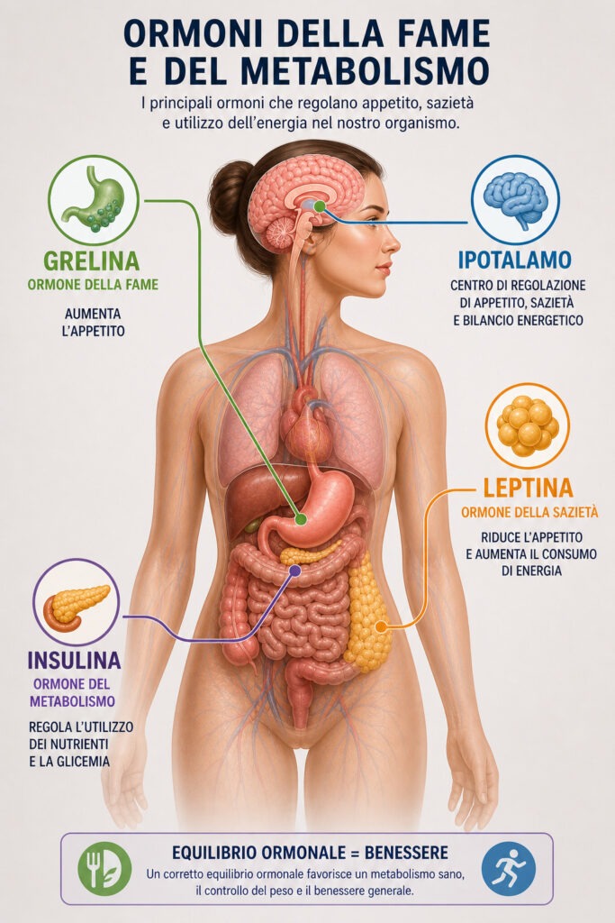 Illustrazione degli ormoni che regolano fame e metabolismo umano