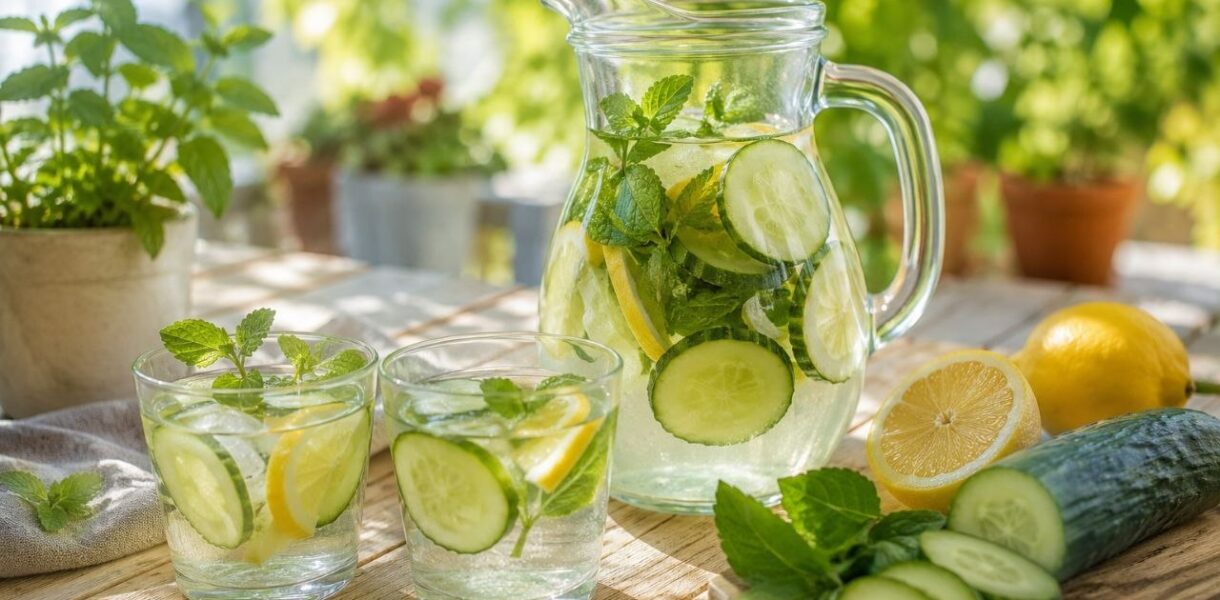 Acqua aromatizzata estiva con cetriolo, limone e menta servita in caraffa di vetro per favorire l'idratazione durante le giornate calde.
