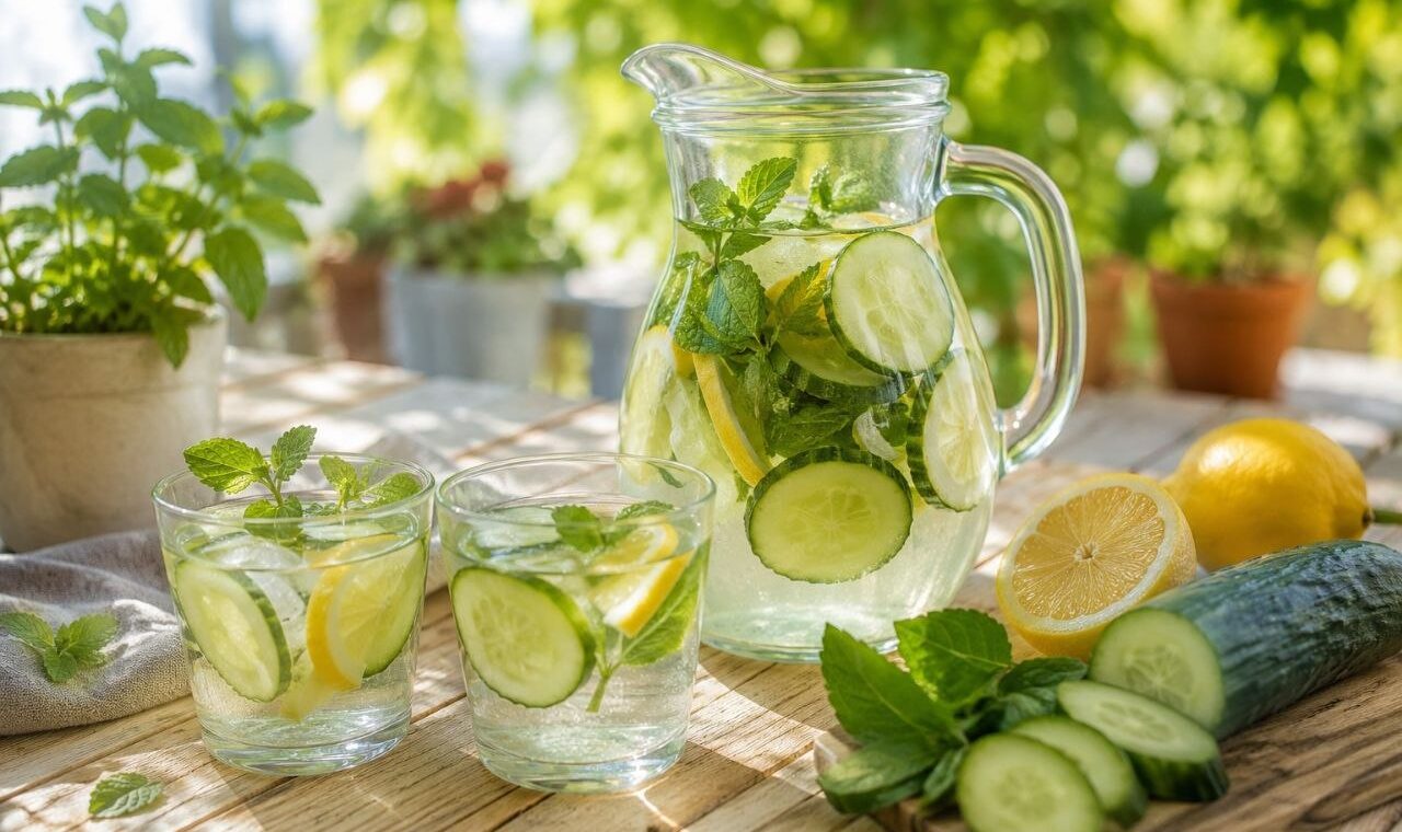 Acqua aromatizzata estiva con cetriolo, limone e menta servita in caraffa di vetro per favorire l'idratazione durante le giornate calde.