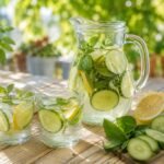 Acqua aromatizzata estiva con cetriolo, limone e menta servita in caraffa di vetro per favorire l'idratazione durante le giornate calde.