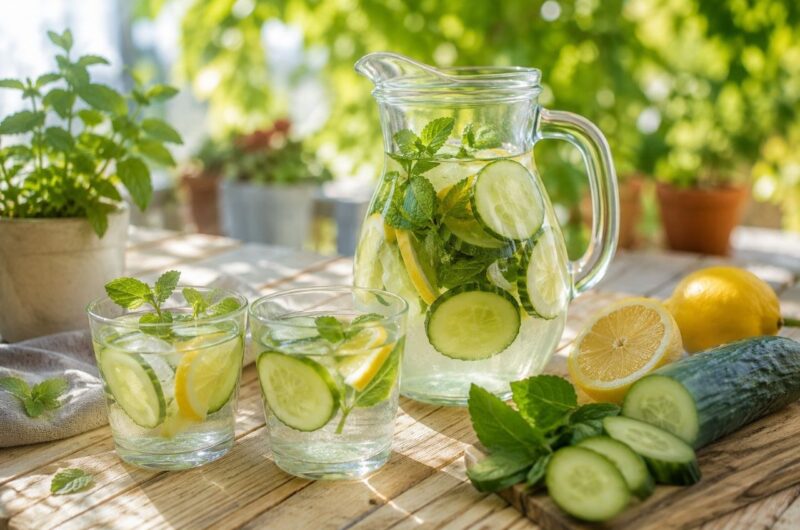 Acqua aromatizzata estiva con cetriolo, limone e menta servita in caraffa di vetro per favorire l'idratazione durante le giornate calde.