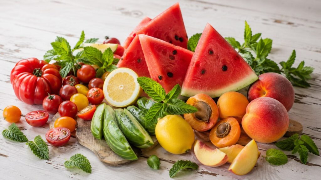 Frutta e verdura estiva ricche di acqua, vitamine e minerali.