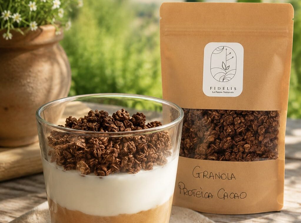 Bicchiere di mousse vegana al cioccolato con strato do yogurt al cocco e granola proteica al cacao Fidelis in un'ambientazione estiva.