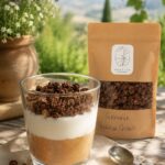 Bicchiere di mousse vegana al cioccolato con strato do yogurt al cocco e granola proteica al cacao Fidelis in un'ambientazione estiva.
