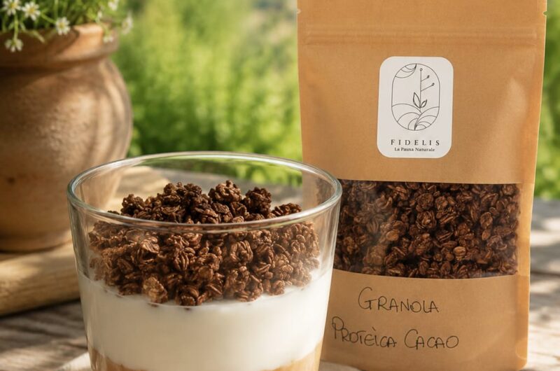 Bicchiere di mousse vegana al cioccolato con strato do yogurt al cocco e granola proteica al cacao Fidelis in un'ambientazione estiva.